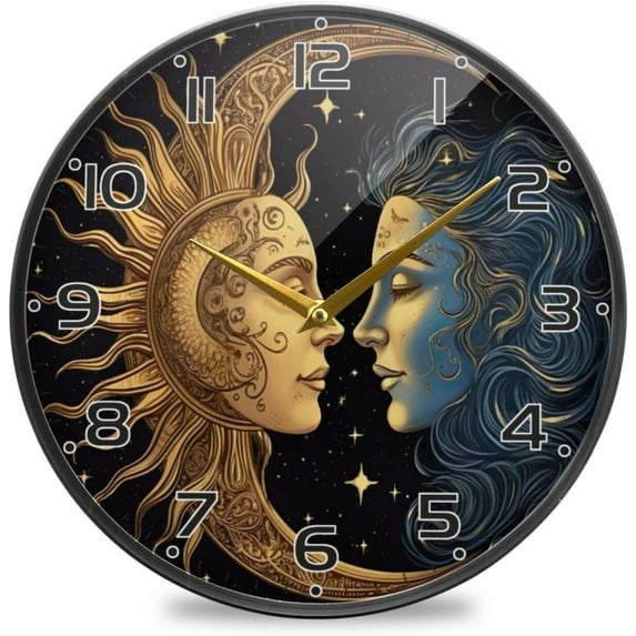 Coolnut Sun and Moon Wall Clock Round Silent Non Ticking Battery Operated Accurate Arabic Numerals Design Clocks for Home Kitchen Living Room Bedroom 9.5inch Home Decor