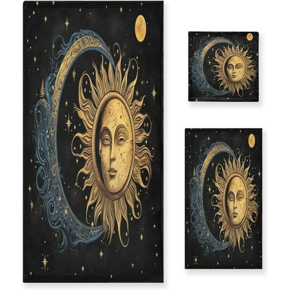 Coolnut Sun and Moon Towels Absorbent Bath Towels Set Soft & Comfortable Towel Set for Home Hotel Decor, 3 Piece Washcloth Gift