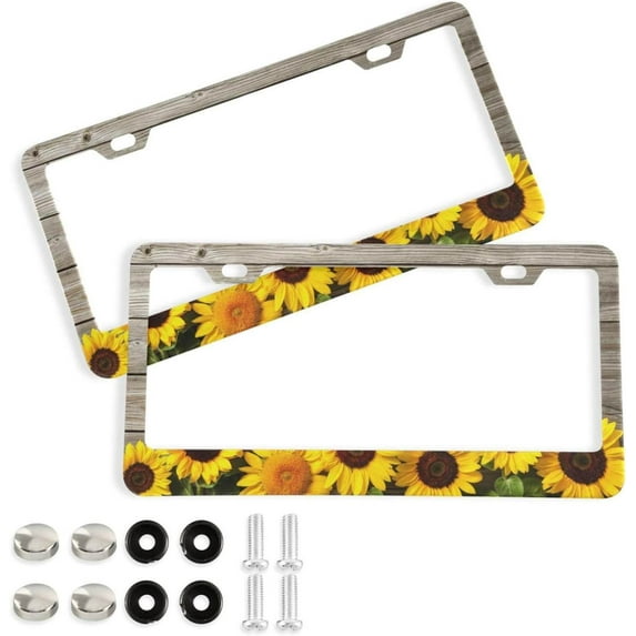 Coolnut Sunflower License Plate Frames 2 Pack, Waterproof Aluminum Alloy Car Tag Holder 2 Holes License Plate Covers with Screw Caps Auto Accessories