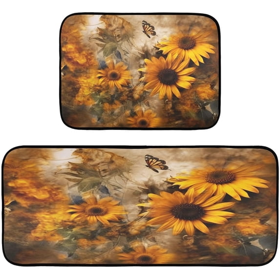 Coolnut Sunflowers and Bees 2 Pieces Kitchen Rugs and Mats Sets,Non Slip Absorbent Floor Mat for Kitchen, Floor Home, Office, Sink, Laundry Home Decor