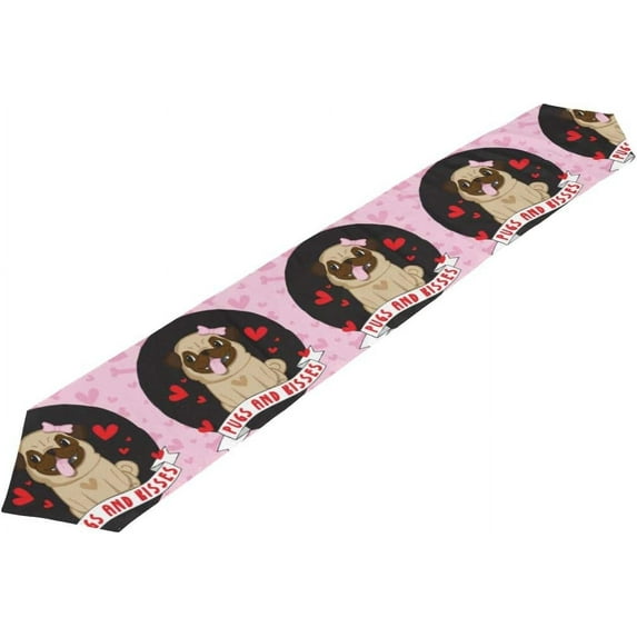 Coolnut Table Runner 13"x90", Pugs and Kisses On Pink Washable Table Cloth Runner for Holiday Home Wedding Table Top Decoration