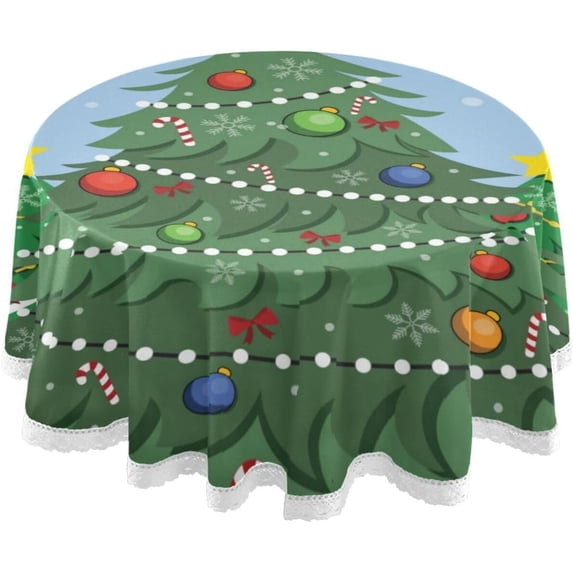 Coolnut Tablecloth Colorful Christmas Trees Round Table Cloth with Trim Ribbon Stain-Resistant Dining Table 60 Inch Cover for Home Dinner House Decor