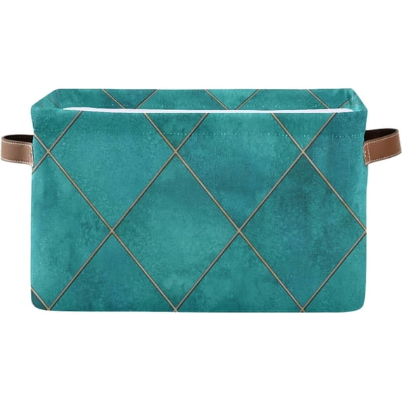 Coolnut Teal Watercolor Geometric Plaid Rectangle Storage Bin, 15 x 11 x 9.5 in, Collapsible Organizer Storage Basket Home Decor
