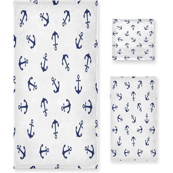 Coolnut Towel Set of 3, Cute Sea Anchor 1 Bath Towel, 1 Towel, 1 Small Square Towel, Strong Soft and Compact Absorbent Yoga Gym Hotel Excellent Choice. Washcloth Gift