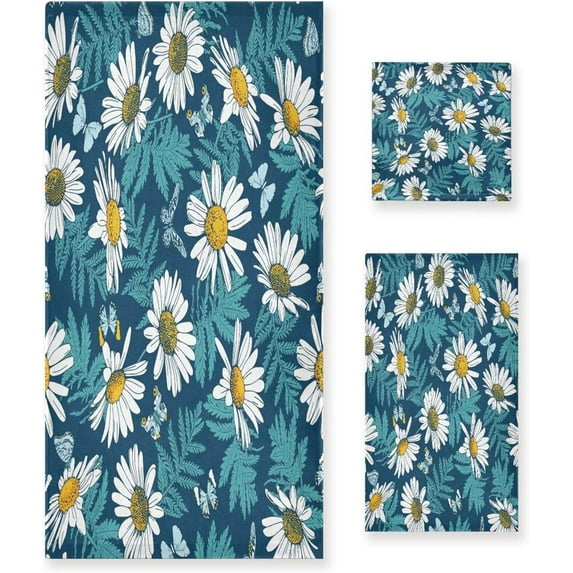 Coolnut Towel Set of 3, Daisy Butterfly 1 Bath Towel, 1 Towel, 1 Small Square Towel, Strong Soft and Compact Absorbent Yoga Gym Hotel Excellent Choice. Washcloth Gift