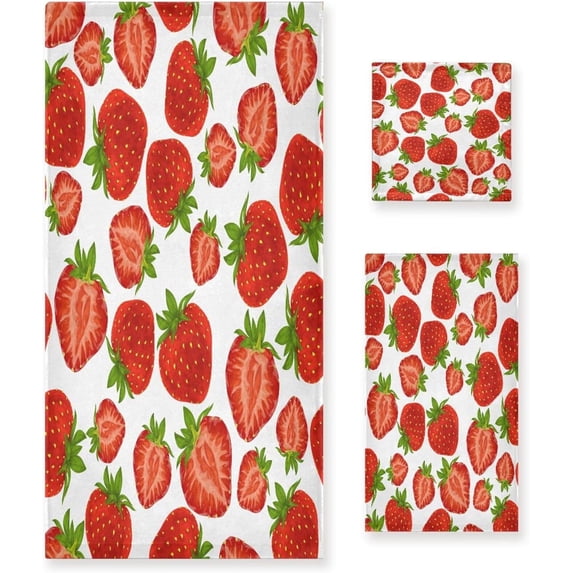Coolnut Towel Set of 3, Fresh Strawberry 1 Bath Towel, 1 Towel, 1 Small Square Towel, Strong Soft and Compact Absorbent Yoga Gym Hotel Excellent Choice. Washcloth Gift