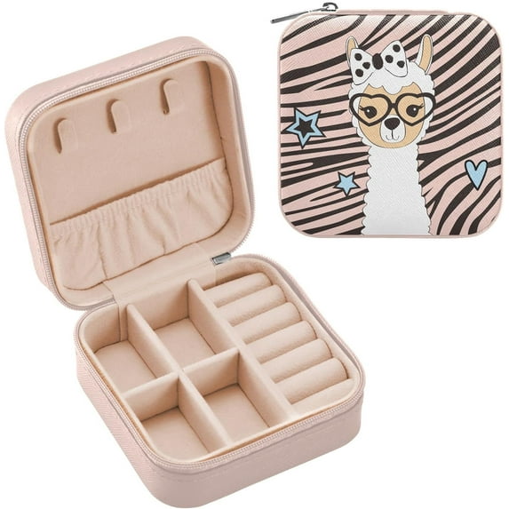 Coolnut Travel Jewelry Box Cute Llama Alpaca PU Leather Jewelry case Small Portable Jewelry Organizer Box for Rings Earrings Necklaces Bracelets(Pink) Women Gifts