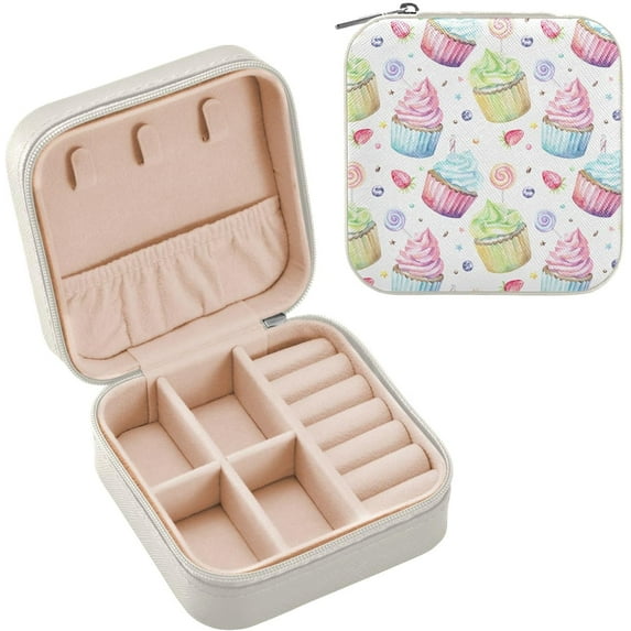 Coolnut Travel Jewelry Box Delicious Watercolor Cupcakes PU Leather Jewelry case Small Portable Jewelry Organizer Box for Rings Earrings Necklaces Bracelets(White) Women Gifts