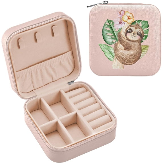 Coolnut Travel Jewelry Box Funny Sloth PU Leather Jewelry case Small Portable Jewelry Organizer Box for Rings Earrings Necklaces Bracelets(Pink) Women Gifts