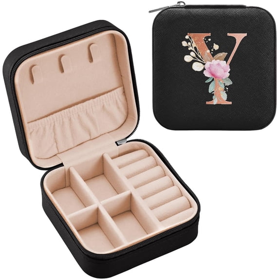 Coolnut Travel Jewelry Box Gold Floral Initial Y Letter PU Leather Jewelry case Small Portable Jewelry Organizer Box for Rings Earrings Necklaces Bracelets(Black) Women Gifts
