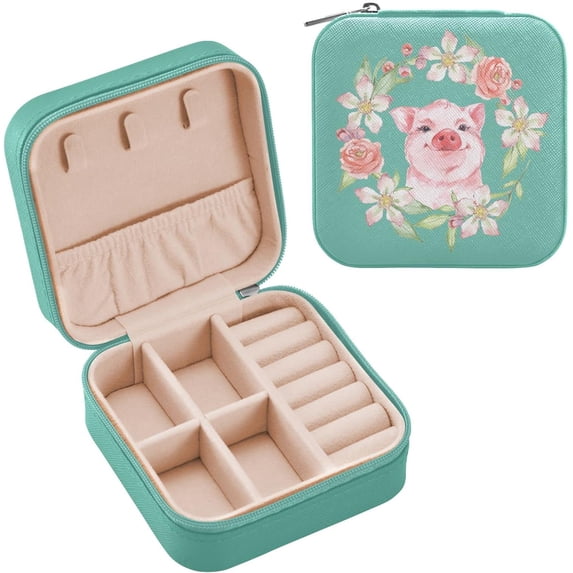 Coolnut Travel Jewelry Box Happy Pig with Floral Wreath PU Leather Jewelry case Small Portable Jewelry Organizer Box for Rings Earrings Necklaces Bracelets(Green) Women Gifts