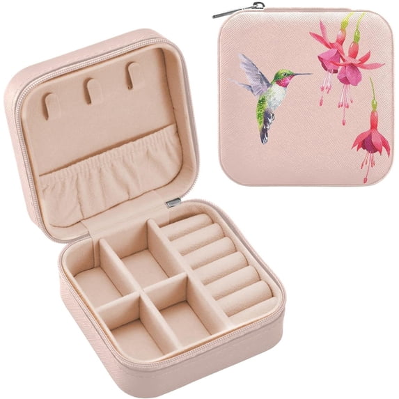 Coolnut Travel Jewelry Box Hummingbird Flying PU Leather Jewelry case Small Portable Jewelry Organizer Box for Rings Earrings Necklaces Bracelets(Pink) Women Gifts
