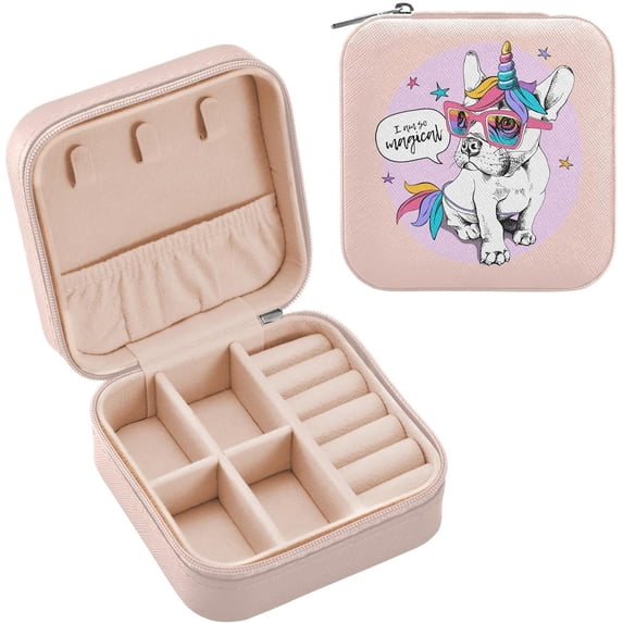 Coolnut Travel Jewelry Box Rainbow Unicorn Dog PU Leather Jewelry case Small Portable Jewelry Organizer Box for Rings Earrings Necklaces Bracelets(Pink) Women Gifts