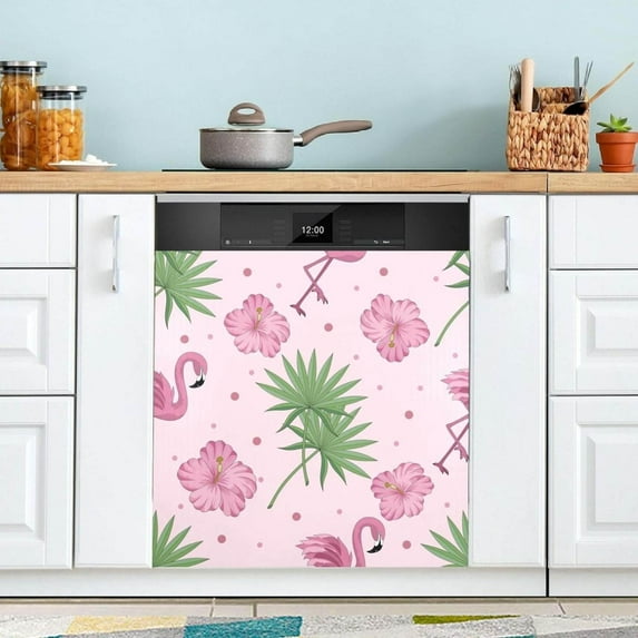 Coolnut Tropical Leaves Flamingos and Flowers Dishwasher Magnet Cover for The Front Door,Reusable Refrigerator Door Decor Magnet Sticker for Kitchen Home Decor 23" x 26"