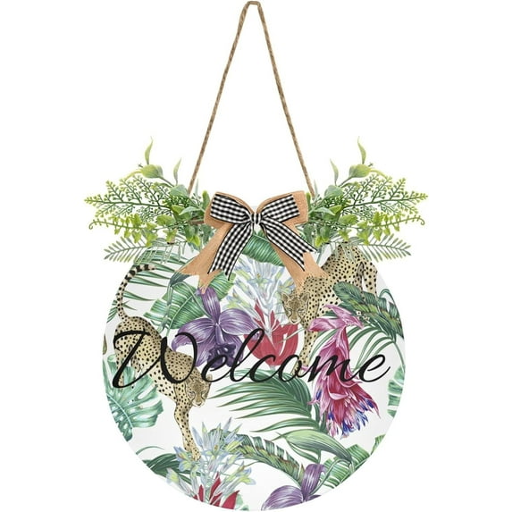 Coolnut Tropical Palm Leaves Welcome Sign for Front Door, Round Sign Hanging Welcome Sign Welcome Wreath for Farmhouse Porch Door Home Decor