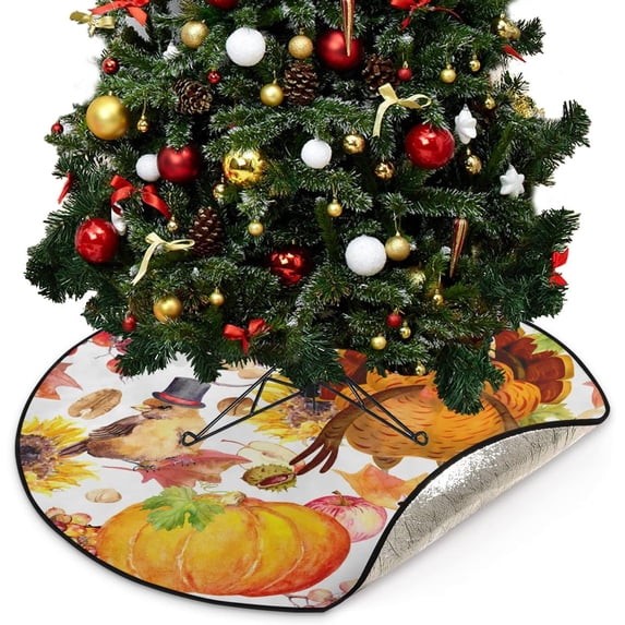Coolnut Turkey Funny Fall Christmas Tree Mats Waterproof Tree Skirt, Autumn Leaves Pumpkin Xmas Tree Stand Tray Mat Floor Protector Pad for Holiday Party Decoration, 28.3"