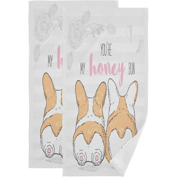 Coolnut Two Cute Corgi Funny Hand Towels 2 PCS, Cartoon Dog Valentines Kitchen Towel Ultra Soft and Highly Absorbent,Decorative Fingertip Face Towel for Bathroom Hotel, 28.3"x14.4"