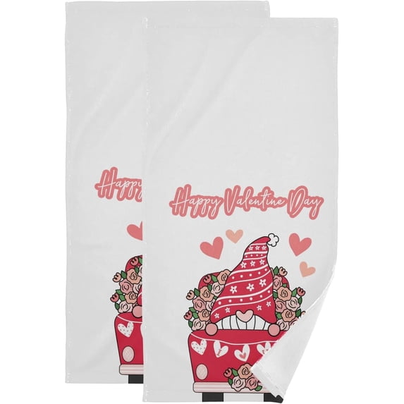 Coolnut Valentine Gnome Red Turck Bath Hand Towels 2 PCS, Ultra Soft and Highly Absorbent, Flower Cute Love Decorative Fingertip Face Towel for Home, Bathroom, Kitchen, 28.3"x14.4"