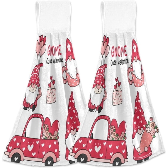 Coolnut Valentine's Day Cute Gnome Kitchen Hanging Towel 2PCS, Soft Absorbent Hand Towel Wipe a Towel with Hook & Loop Hanging Tie Towel for Kitchen, Bathroom, Toilet, etc10 Washcloth Gift