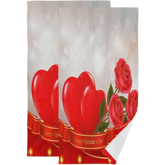 Coolnut Valentine`s Day Heart Rose Hand Towels for Bathroom, Red Flower Kitchen Towel 2 PCS Ultra Soft and Highly Absorbent Decorative Fingertip Face Bath Towels for Spa & Hotel, 28.3"x 14.4"