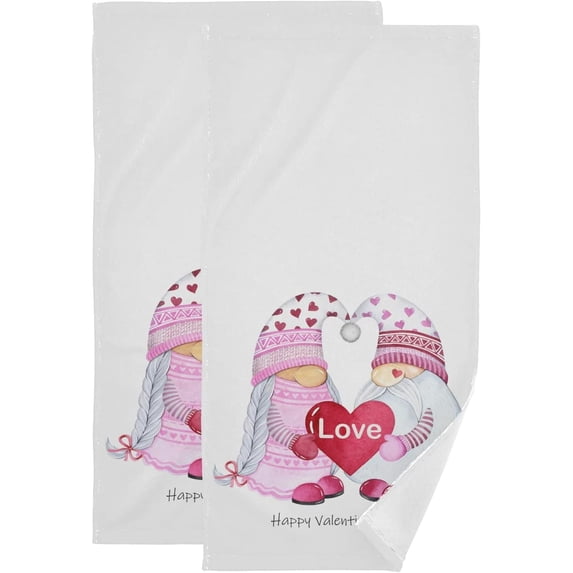 Coolnut Valentines Gnomes Heart Bath Hand Towels 2 PCS, Ultra Soft and Highly Absorbent, Pink Love Cute Red Decorative Fingertip Face Towel for Home, Bathroom, Kitchen, 28.3"x14.4"
