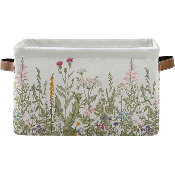 Coolnut Vintage Colorful Wild Flowers Rectangular Storage Bin Canvas Square Storage Basket with Handles for Home, Office, Books, Nursery, Kid's Toys, Closet & Laundry Decor Gifts
