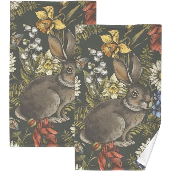 Coolnut Vintage Floral Rabbit Patterned Hand Towels 2 PCS, Cotton Bath Towel for Drying Face Hands Body Decorative Water Absorbent Lightweight Towels for Bathroom Ktichen Travel Gym, 16"x28"