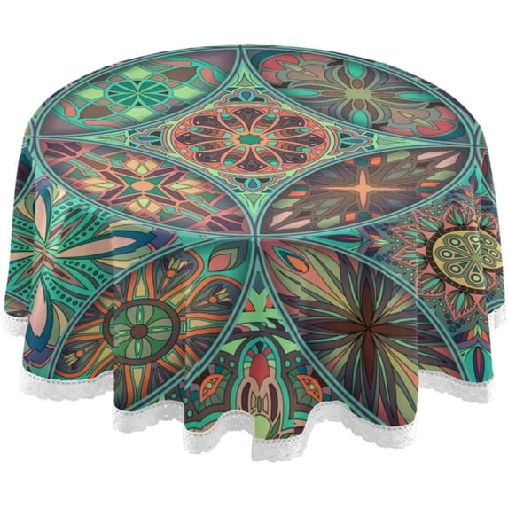 Coolnut Vintage Mandala Elements Round Tablecloth 60In,Table Cover Water Resistant Spill Proof Large Table Cover for Indoor & Outdoor Family Gathering Dinner, Hotel, BBQ