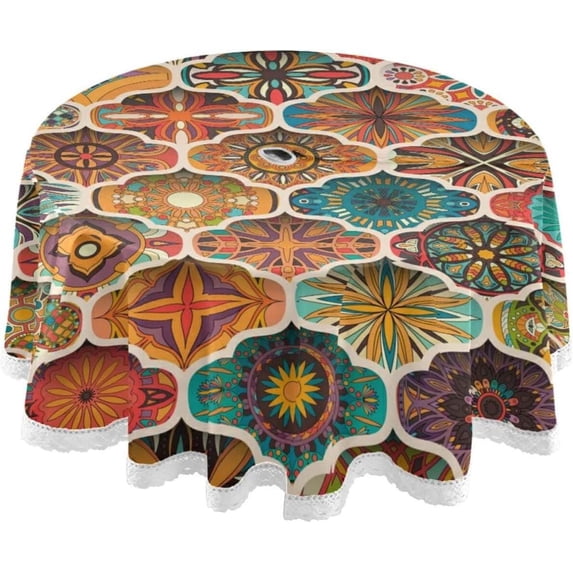 Coolnut Vintage Mandala Elements Round Tablecloth 60In,Waterproof Round Table Cloths with Umbrella Hole and Zipper,Party Patio Table Covers for Outdoor Backyard /BBQ/Picnic