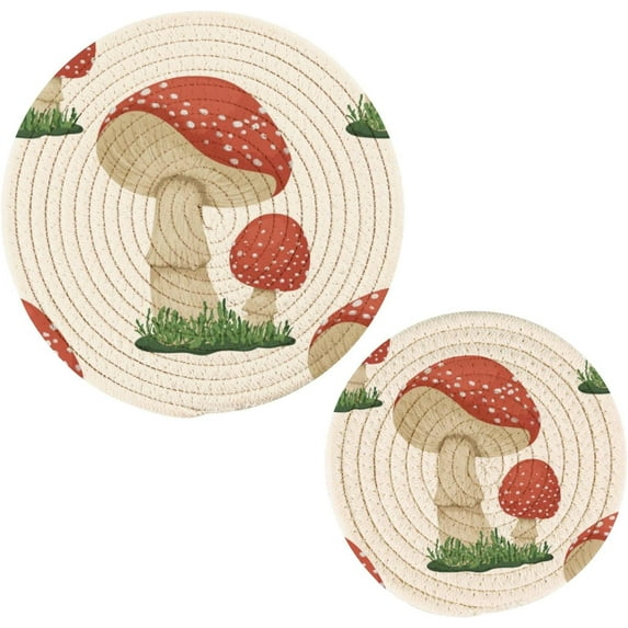 Coolnut Vintage Multicolor Pattern in Turkish Style Round Cotton Trivets Pot Holders, Hot Pads Pure Cotton Stylish Coasters for Boho, Farmhouse, Kitchen - 2pcs (Mushroom) Home Decor Gifts