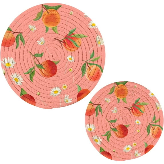 Coolnut Vintage Multicolor Pattern in Turkish Style Round Cotton Trivets Pot Holders, Hot Pads Stylish Coasters for Boho, Farmhouse, Kitchen - 2pcs (Peach Pattern with Daisy) Home Decor Gifts