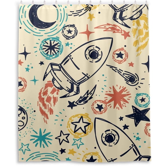 Coolnut Vintage Rocket Pattern Bathroom Waterproof Shower Curtain Set Bathtub Curtain with 12 Hooks for Bathroom Decor,Hotel,Room,60x72Inch