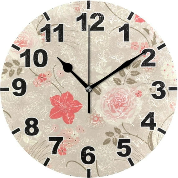 Coolnut Vintage Roses Round Wall Clock, Battery Operated Silent Non Ticking Desk Clock for Home Bedroom Kitchen Office School Wall Clock 9.9 Inch Home Decor