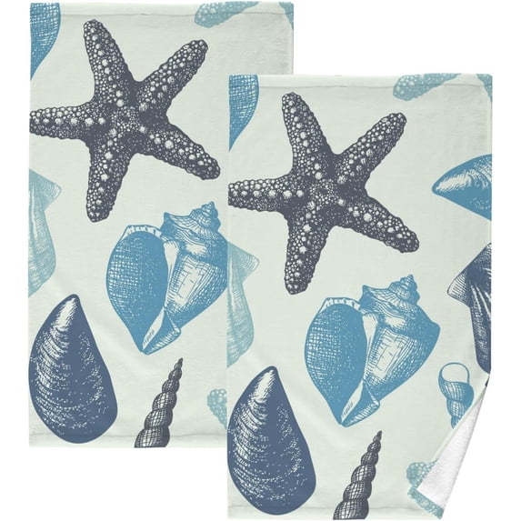 Coolnut Vintage Shells Patterned Hand Towels 2 PCS, Cotton Bath Towel for Drying Face Hands Body Decorative Water Absorbent Lightweight Towels for Bathroom Ktichen Travel Gym, 16"x28"