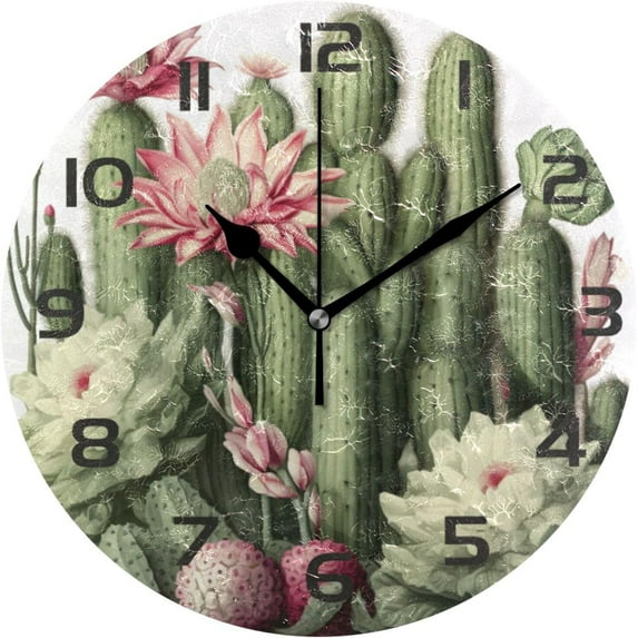 Coolnut Wall Clock Cactus Plant 10 Inch Silent Non Ticking Quality Quartz Battery Operated Digital Round Easy to Read for Home Office Kitchen Home Decor