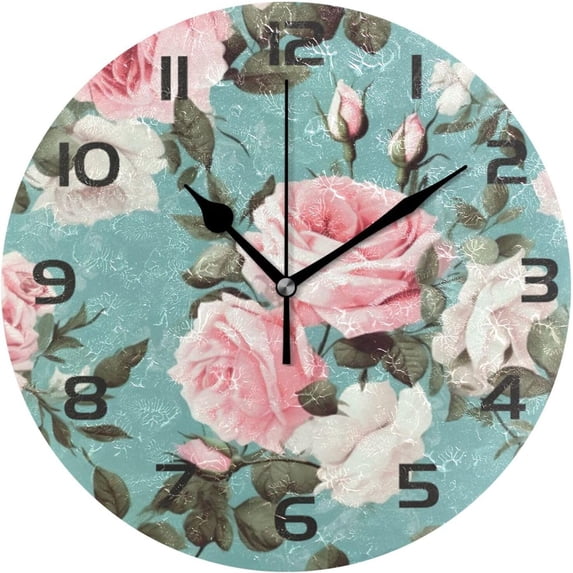 Coolnut Wall Clock Pink White Roses 10 Inch Silent Non Ticking Quality Quartz Battery Operated Digital Round Easy to Read for Home Office Kitchen Home Decor