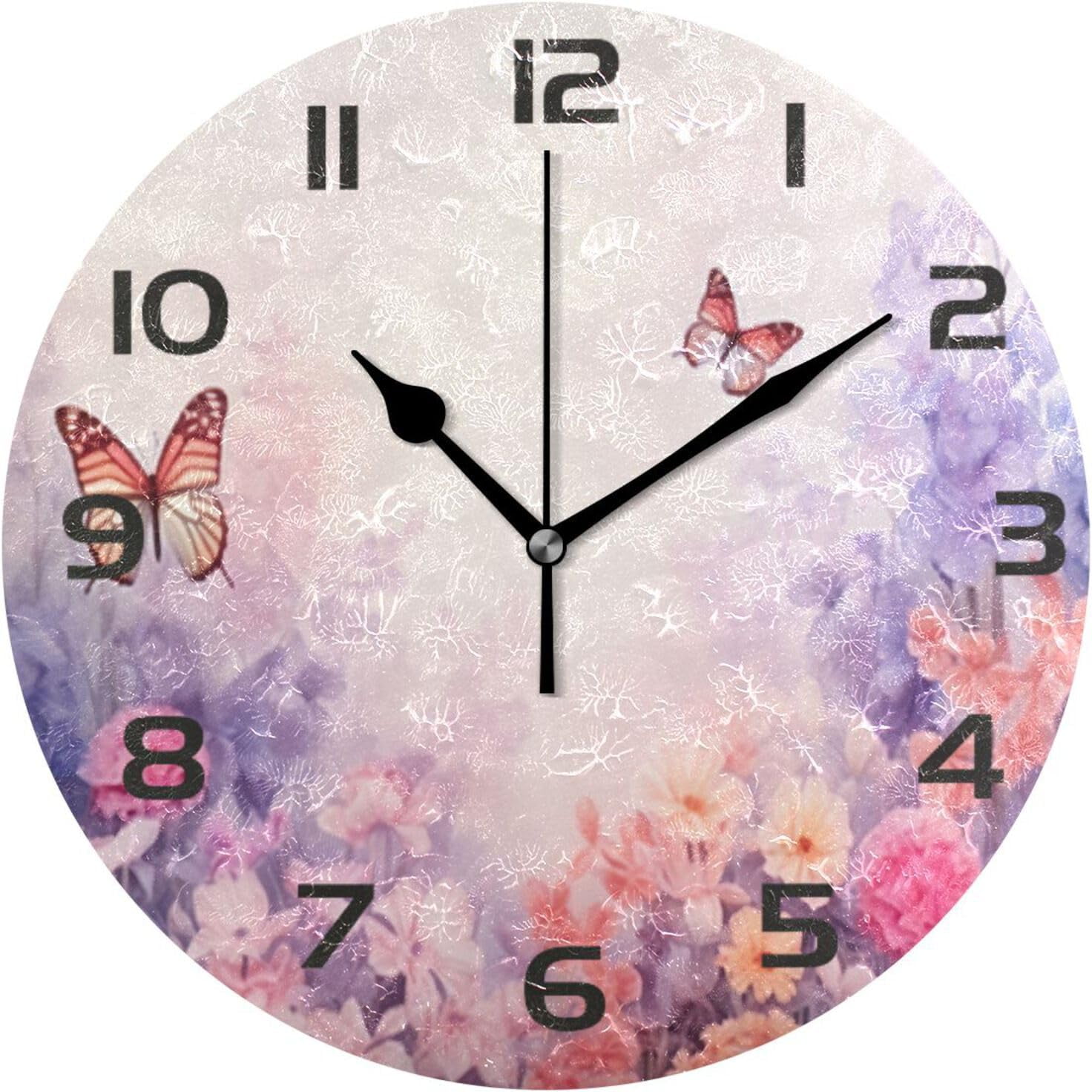 Coolnut Wall Clock Watercolor Flower Butterfly 10 Inch Silent Non ...