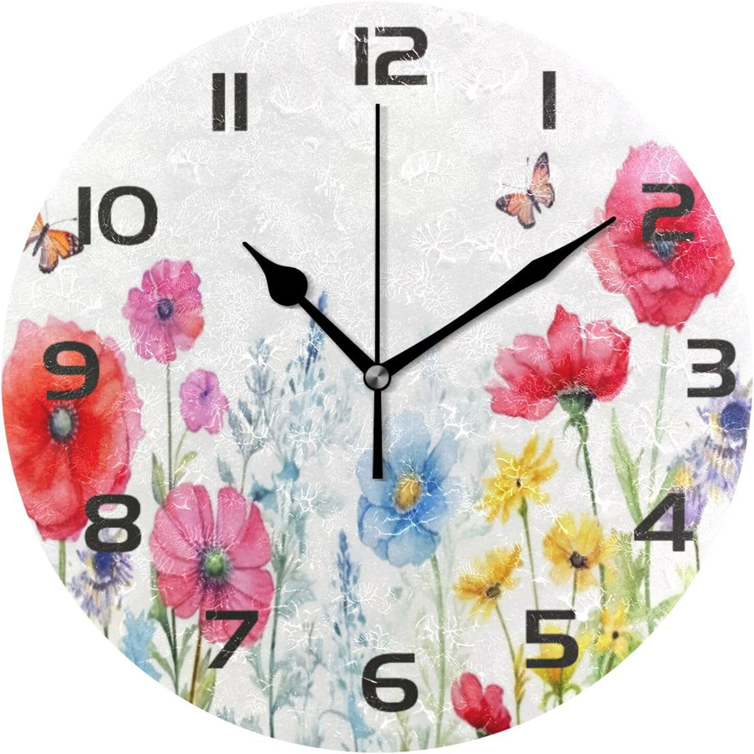 Coolnut Wall Clock Watercolor Flowers 10 Inch Silent Non Ticking ...