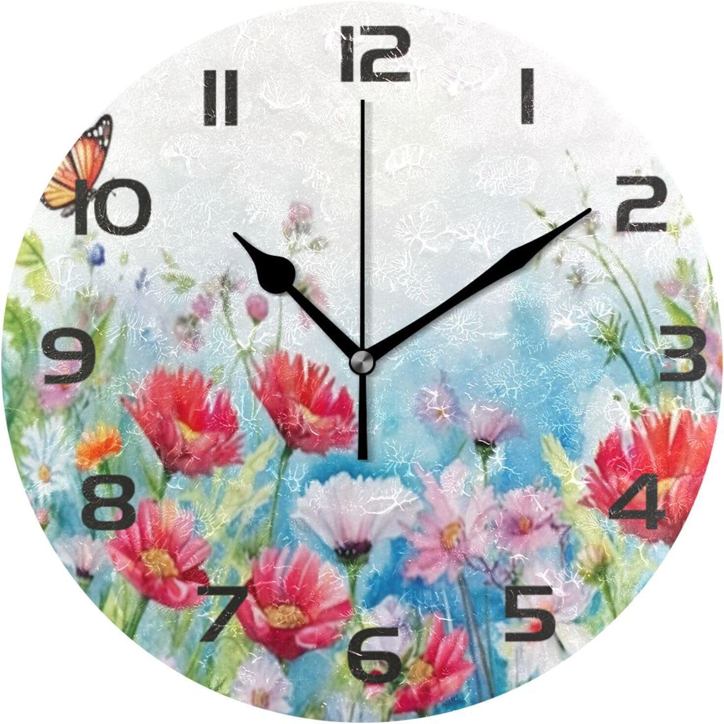 Coolnut Wall Clock Watercolor Flowers Butterflies 10 Inch Silent Non ...