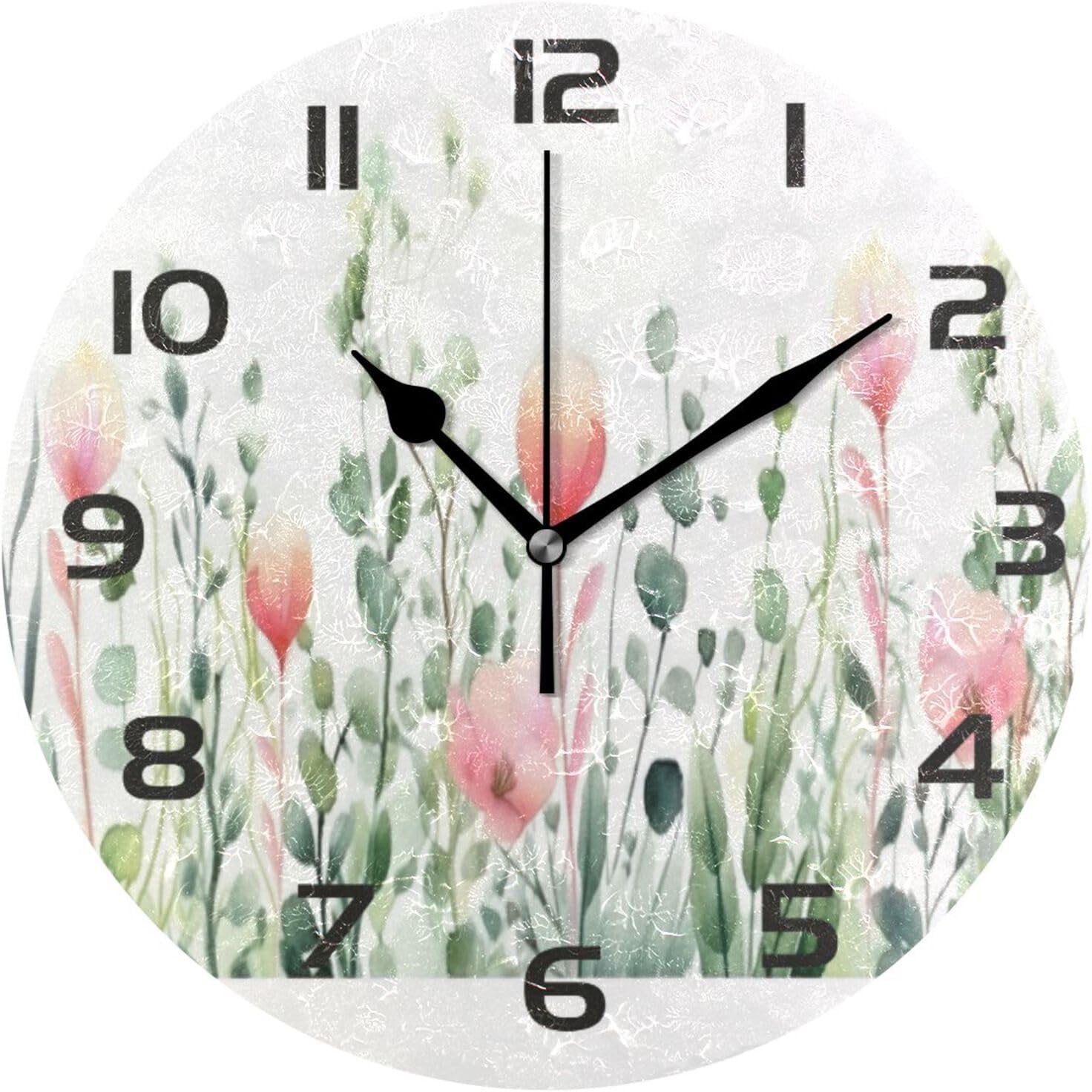 Coolnut Wall Clock Watercolor Flowers Butterflies 10 Inch Silent Non ...