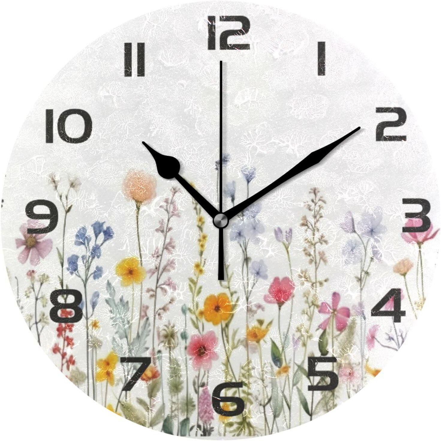 Coolnut Wall Clock Watercolor Flowers Butterflies 10 Inch Silent Non ...