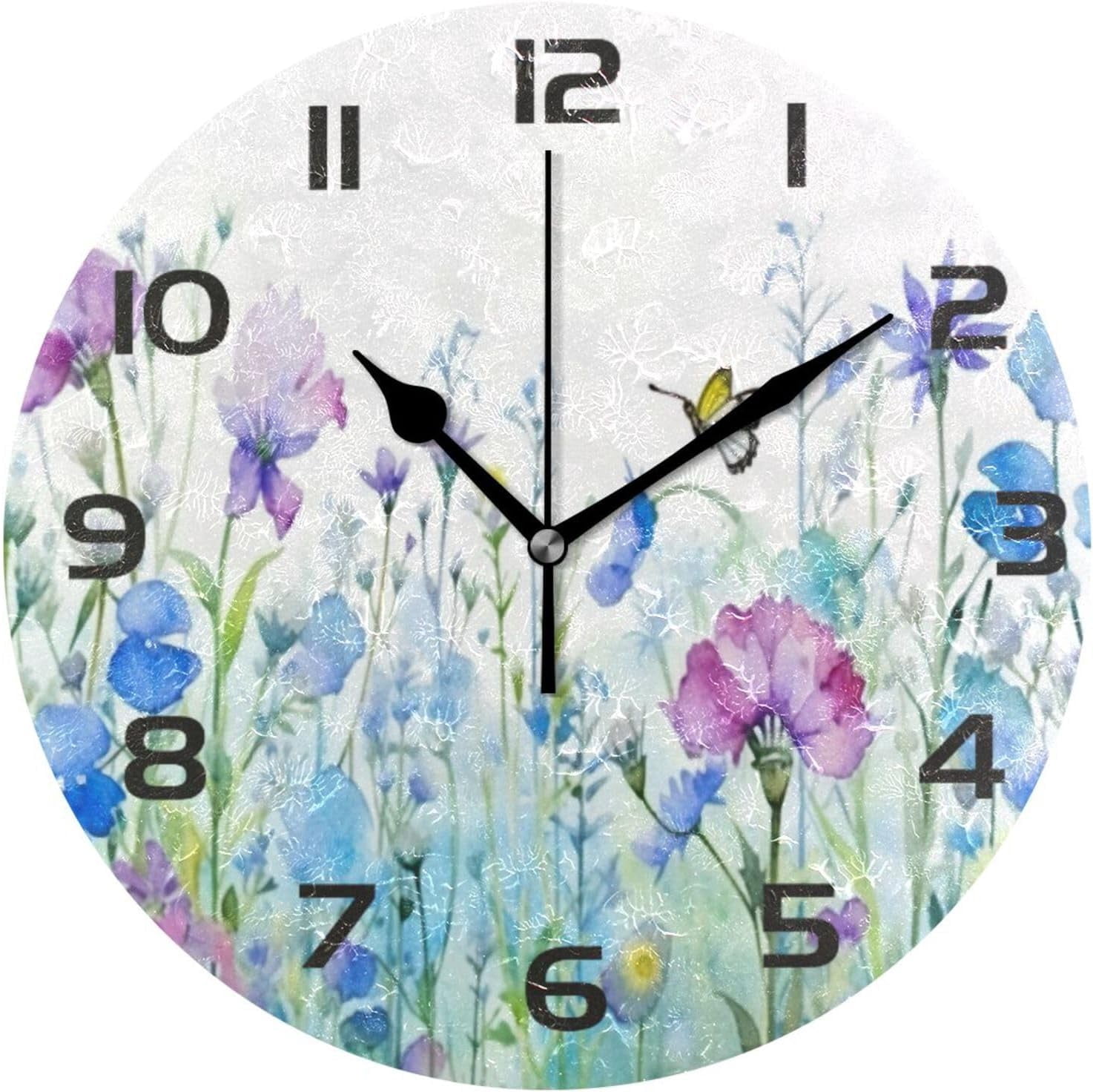 Coolnut Wall Clock Watercolor Flowers Butterflies 10 Inch Silent Non ...