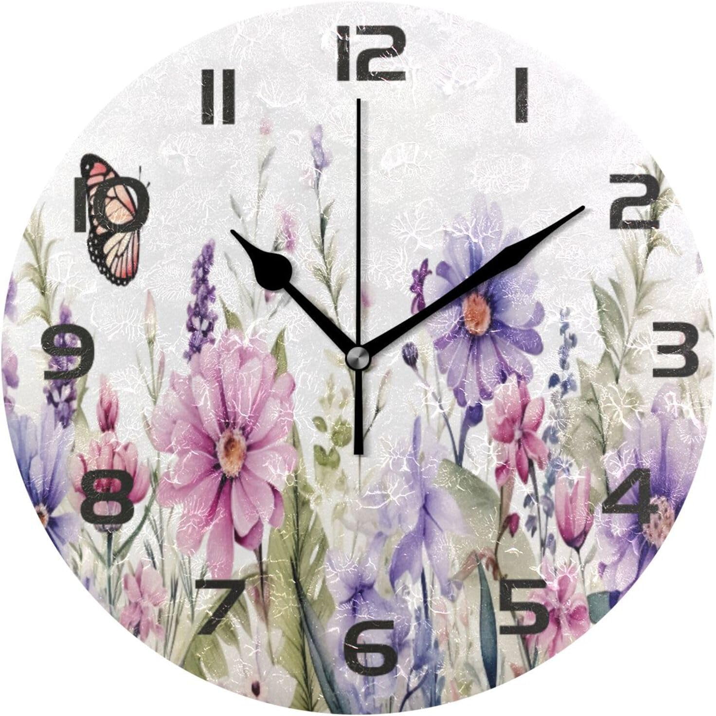 Coolnut Wall Clock Wild Flowers 10 Inch Silent Non Ticking Quality ...