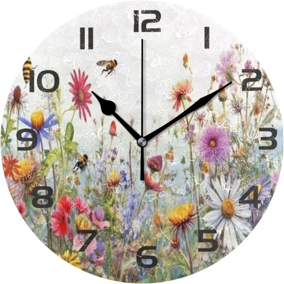 Coolnut Wall Clock Wildflowers 10 Inch Silent Non Ticking Quality Quartz Battery Operated Digital Round Easy to Read for Home Office Kitchen Home Decor