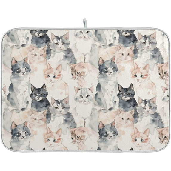 Coolnut Watercolor Cats Dish Drying Mat for Kitchen, 16 x 18 Inch Microfiber Absorbent Dish Drying Pad, Machine Washable Kitchen Counter Protect Mats