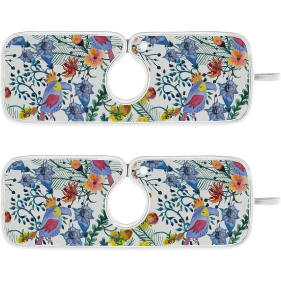 Coolnut Watercolor Exotic Flowers Sink Splash Guard for Faucet 2 Packs Faucet Absorbent Mats, Toucan Birds Faucet Handle Drip Catcher Quickly Drying Mat for Kitchen Counter Bathroom, 30"x5.5"