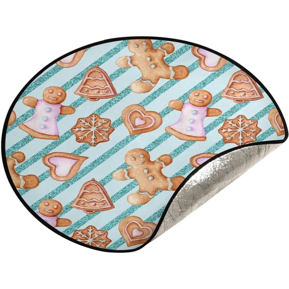 Coolnut Watercolor Gingerbread Cookies Christmas Tree Mats Waterproof Tree Skirt, Glitter Stripes Xmas Tree Stand Tray Mat Floor Protector Pad for Holiday Party Decoration, 28.3"