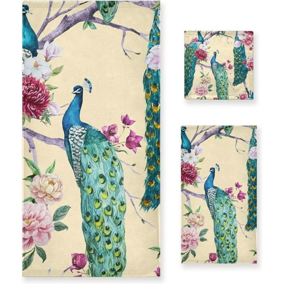 Coolnut Watercolor Peacock Bath Towels Soft Absorbent Bath Towels Bath Towel Set of 3 for Home Hotel Bathroom Decor