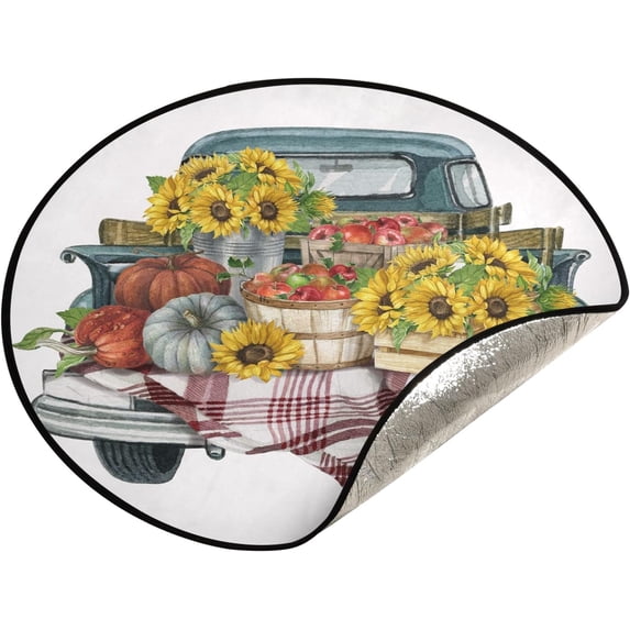 Coolnut Watercolor Pumpkin Truck Christmas Tree Mats Waterproof Tree Skirt, Autumn Harvest Sunflower Xmas Tree Stand Tray Mat Floor Protector Pad for Holiday Party Decoration, 28.3"
