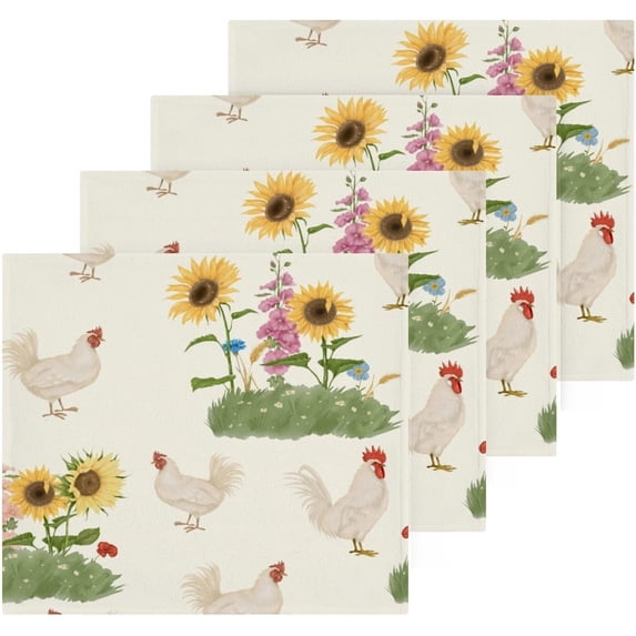 Coolnut Watercolor Sunflower and Roosters Washcloths Towels, Highly Absorbent and Soft Cotton Face Cloths, 4 Pack Quick Dry Wash Cloths - 12 X 12 Inches Washcloth Gift